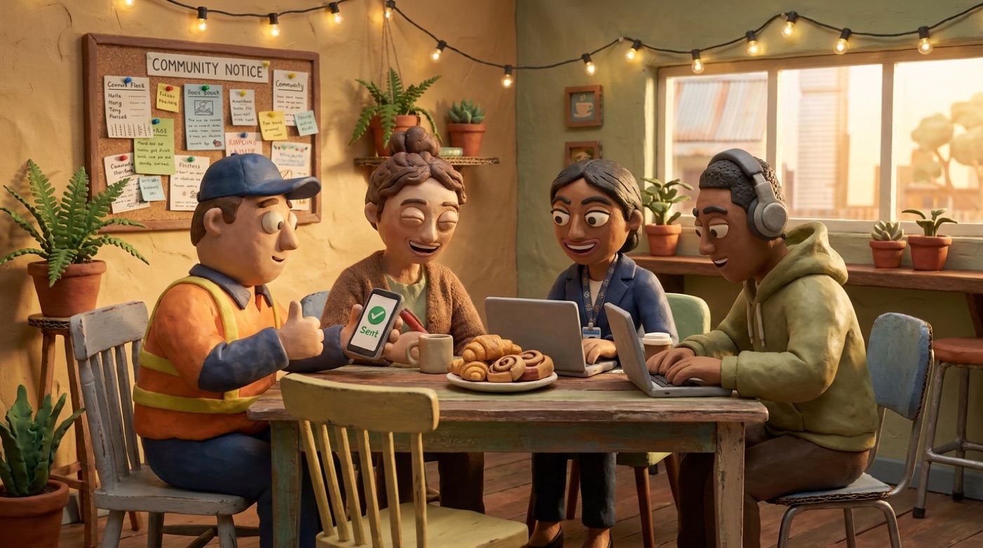 Four clay characters, a saleswoman, an account manager, a tradie and a student, laughing at a cafe table while one shows a phone that says Sent