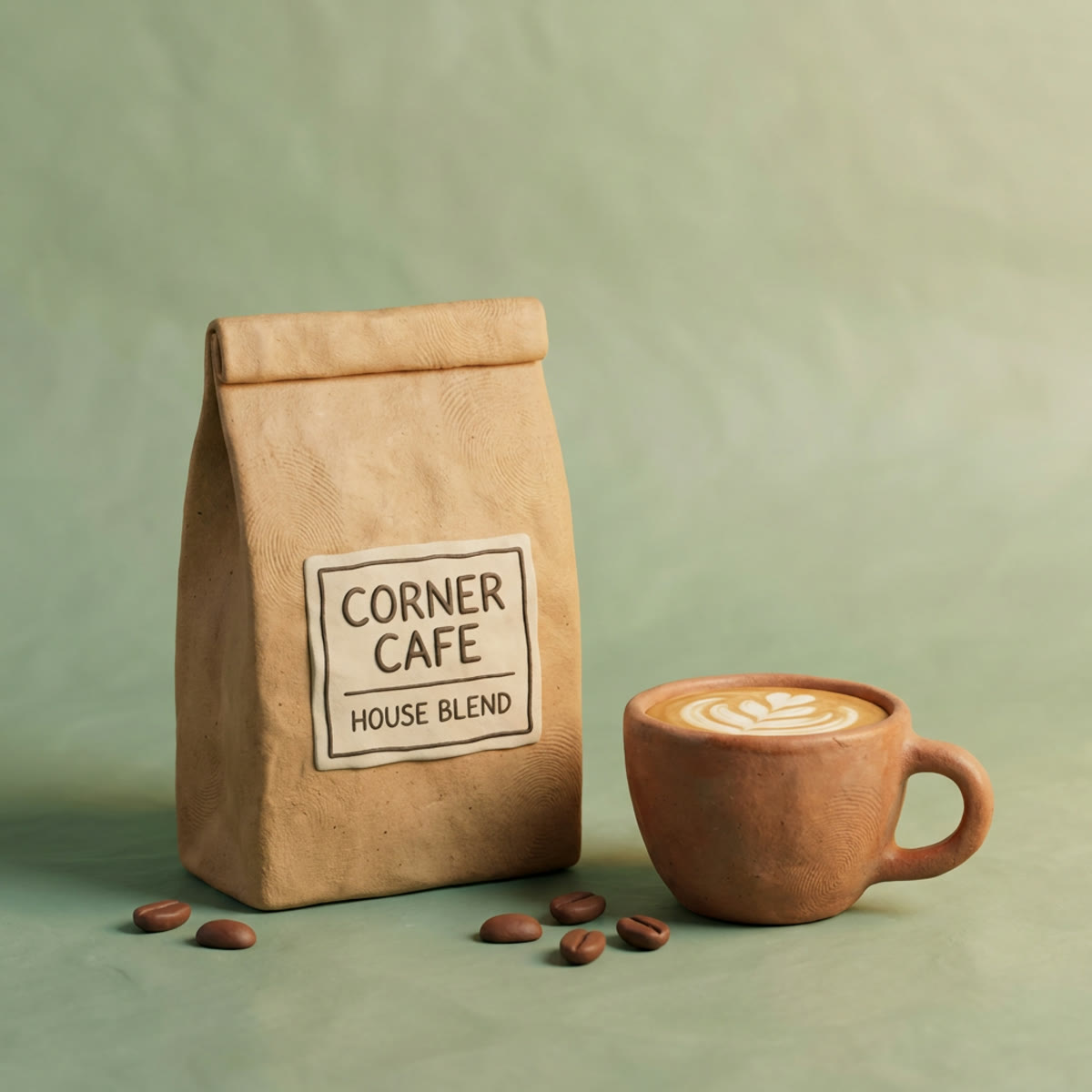Square ad: a clay coffee bag, Corner Cafe house blend, beside a flat white
